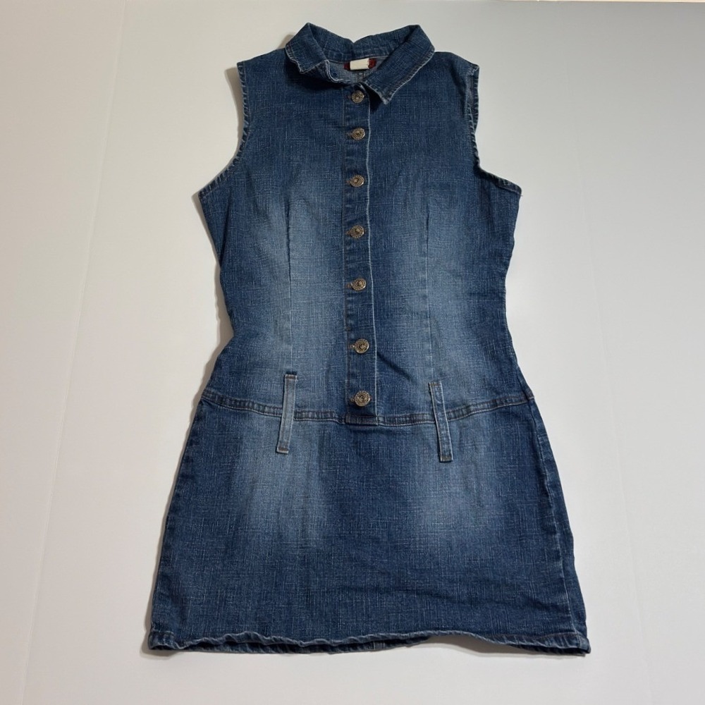 Blue Sleeveless Button Front Denim Mini Dress Y2K Style Medium Wash